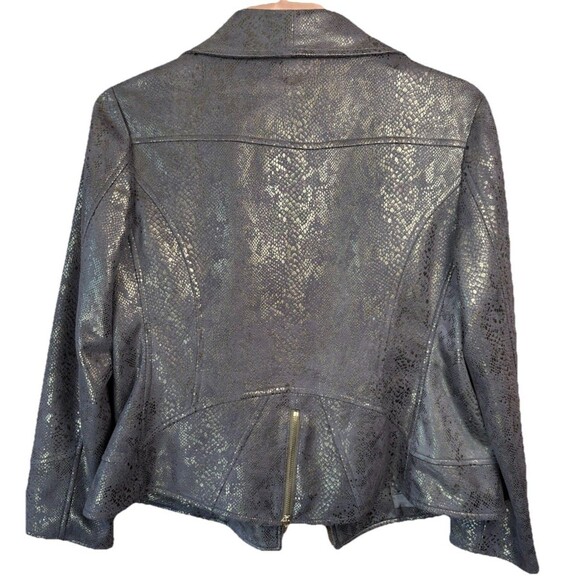 V Cristina Navy Blue Faux Leather Moto Jacket Snakeskin Print Size L Biker - Picture 6 of 9